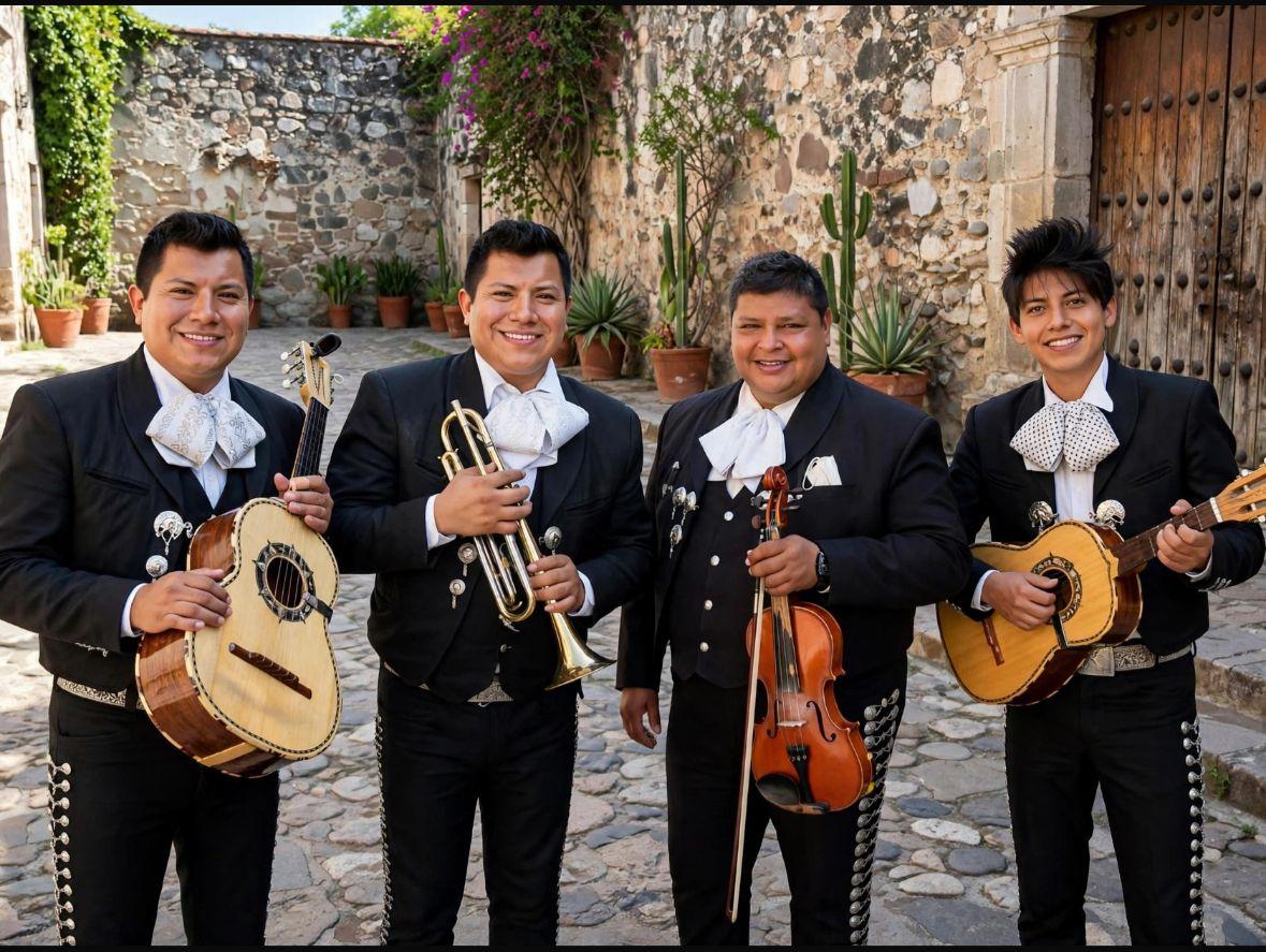 Integrantes de Mariachi Sol Azteca con instrumentos